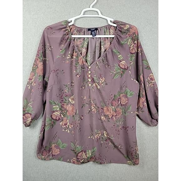 Chaps Purple Floral 3/4 Sleeve V Neck Popover Boho Blouse Women's Plus 2X - Picture 2 of 11